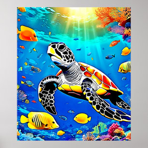 Póster Vibrante vida de arrecife de tortuga