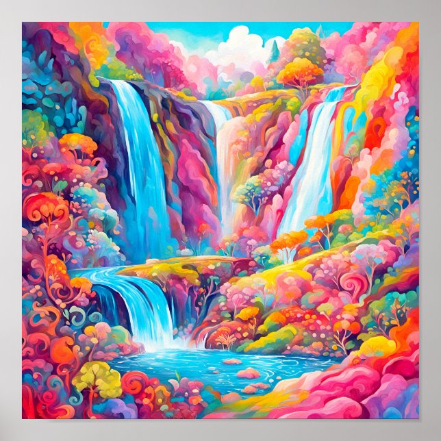 Póster Vibrantes cascadas de fantasía en un entorno de ca (Frente)