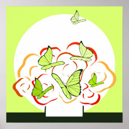 Póster Vibrantes mariposas amarillas y verdes y Bouquet N
