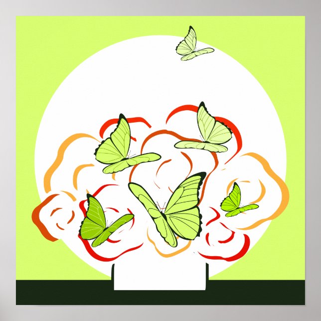 Póster Vibrantes mariposas amarillas y verdes y Bouquet N (Frente)