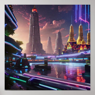 Póster Vibrantes neones iluminan Bangkok