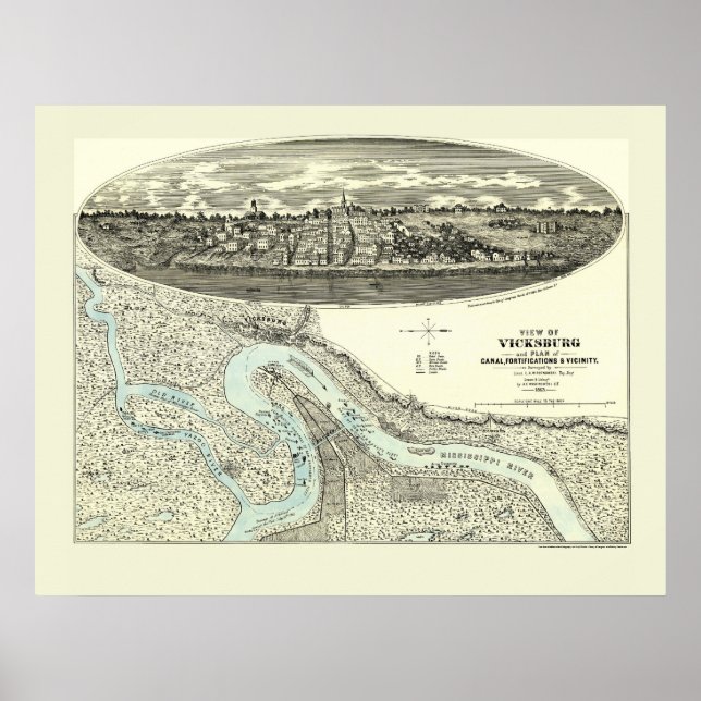 Póster Vicksburg, MS Mapa Panorámico - 1863 (Frente)
