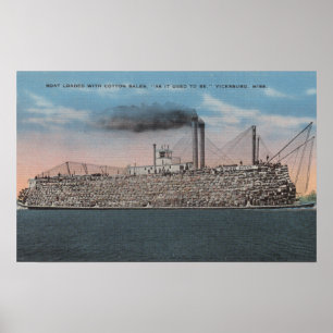 Póster Vicksburg, MS - Vista del barco con algodón a bord