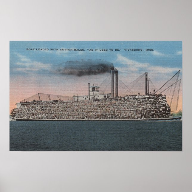 Póster Vicksburg, MS - Vista del barco con algodón a bord (Frente)