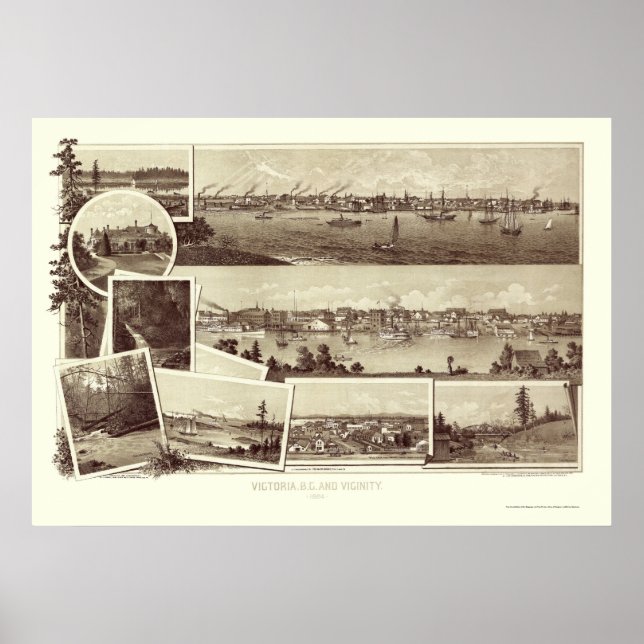 Póster Victoria, BC, Canada Panoramic Map - 1884 (Frente)