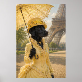 Póster Victorian Black Labrador Lady at the Eiffel Tower