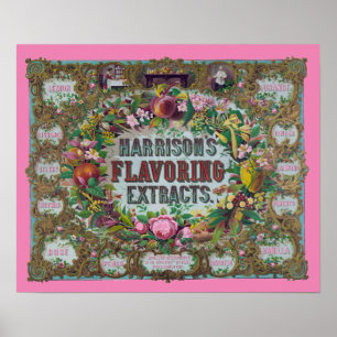 Póster Victorian floral fruit baking extracts pink teal