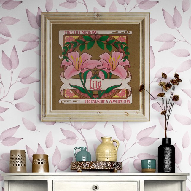 Póster Victorian flores de lirio rosado Admiración de ami (Pink Lily Flower Meaning Vintage Style Dark Background Poster - Friendship and Admiration)