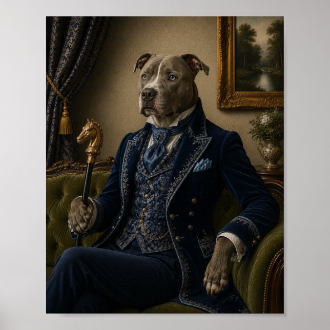 Póster Victorian Pit Bull Gentleman Portrait Print, Blue  (Frente)