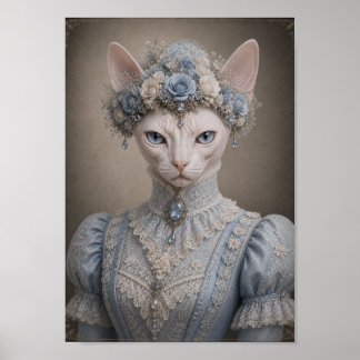 Póster Victorian Sphynx Cat Lady Print, Blue Floral Crown