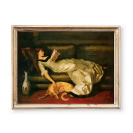 Póster Victorian Woman Reading With Dog, Neutral Tones