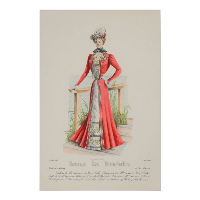 Póster Victoriana Dama Rojo Vestido Francés Anuncio de mo (Anverso)