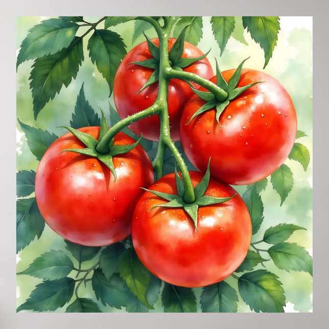 Póster Vid de Tomate Maduro Acuarela Fresca (Frente)