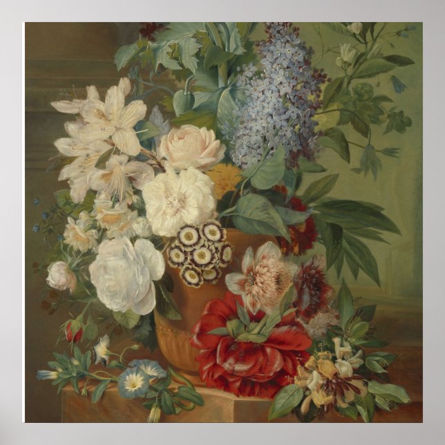 Póster Vida con flores en una parcela de terracota (Frente)