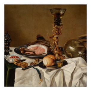 Póster Vida con jamón, libros y naves ornamentales