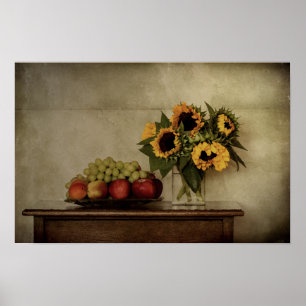 Póster Vida fija, girasoles en grano, fruta en tazón