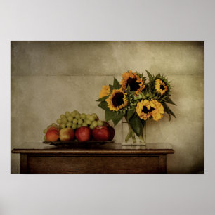 Póster Vida fija, girasoles en grano, fruta en tazón