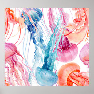 Póster Vida marina acuática: burbujas y medusas