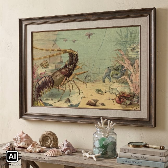 Póster Vida Marina Subacuática Antigua, Animales en el Oc (Vintage illustration marine life design featuring a underwater scene with various sea creatures.)