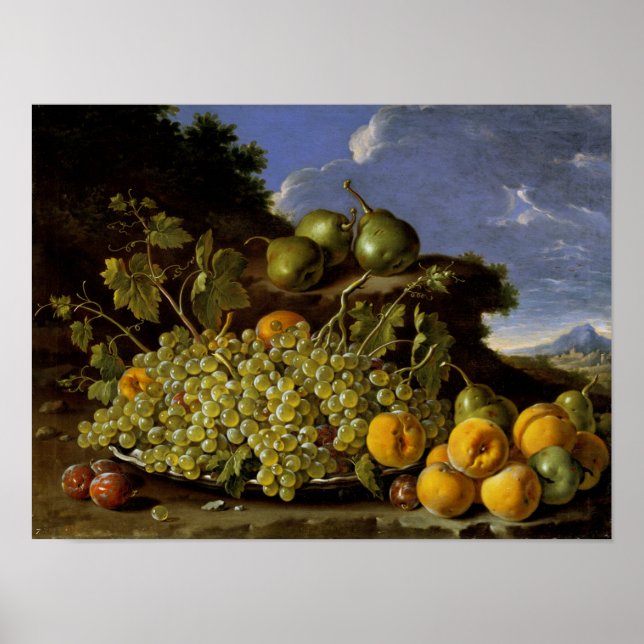 Póster Vida residual con platillo de uvas, melocotones, p (Frente)