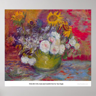 Póster Vida residual con rosas y girasoles de van Gogh