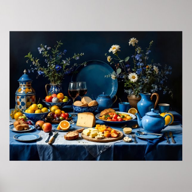 Póster Vida residual de la mesa azul con fruta, queso y f (Frente)