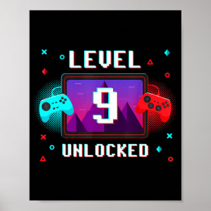Póster Videojugador divertido cumpleaños 9 desbloqueado n