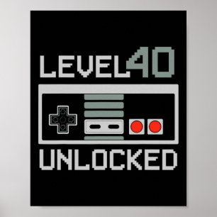 Póster Videojugador Nivel 40 Desbloqueado Regalo de Cumpl