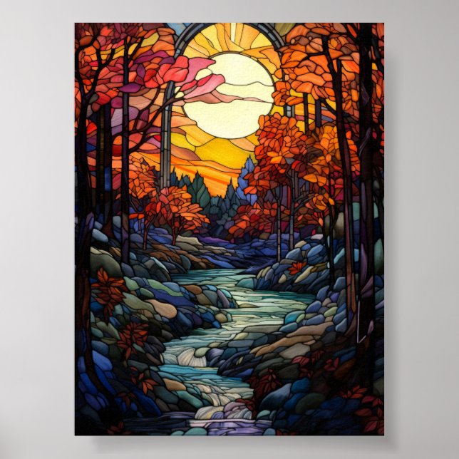 Póster Vidriera de otoño con arroyo de montaña (Frente)