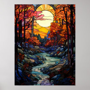 Póster Vidriera de otoño con arroyo de montaña