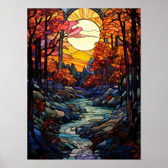 Póster Vidriera de otoño con arroyo de montaña (Frente)
