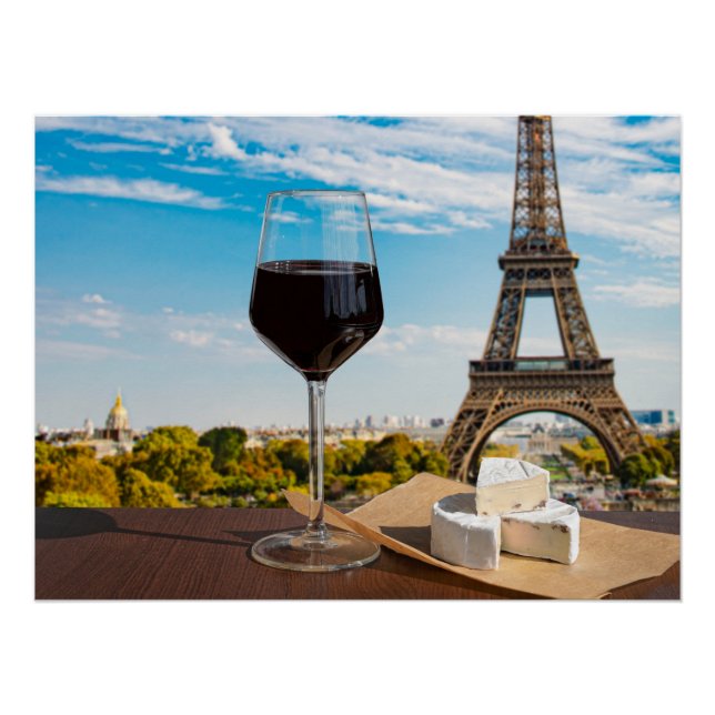 Póster Vidrio de vino con queso brie en la torre Eiffel (Anverso)