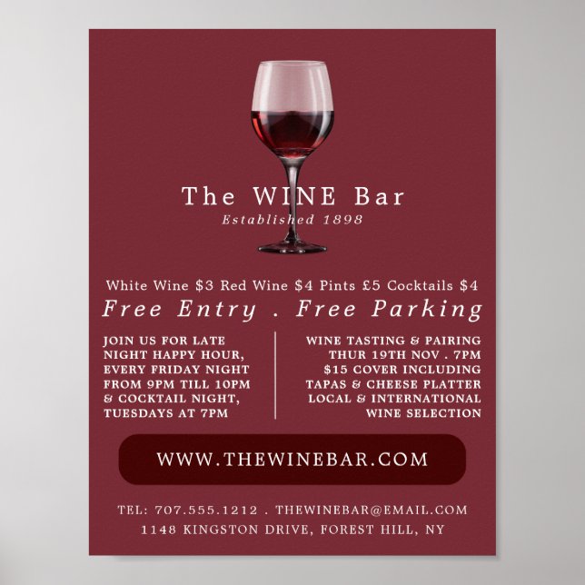 Póster Vidrio de vino, publicidad de bar de vinos/bodega (Frente)