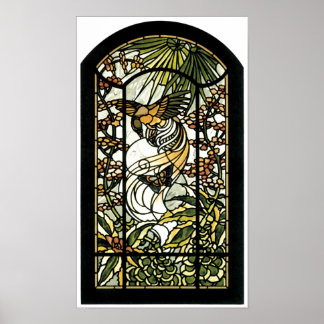 Póster Vidrio manchado con ave y mariposa