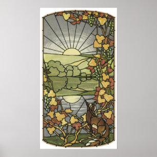 Póster Vidrio manchado con zorro y uvas