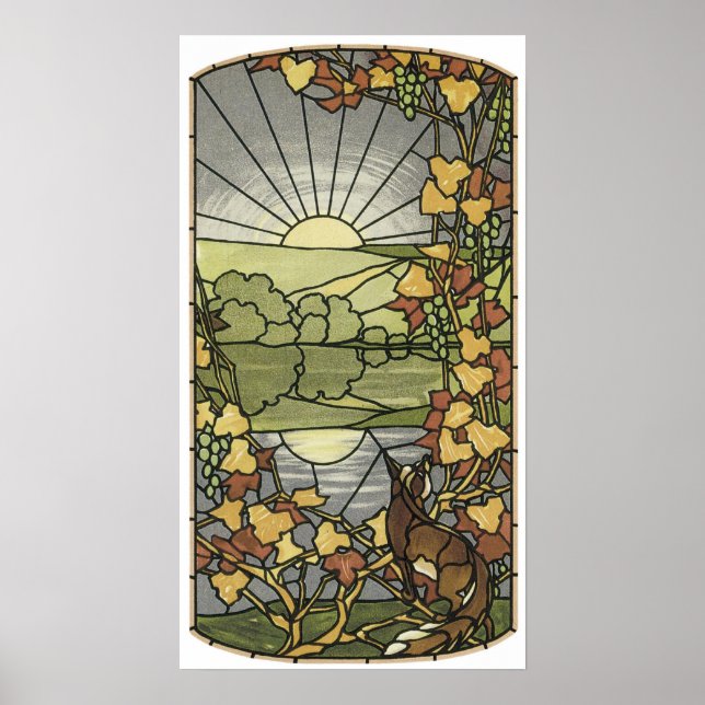 Póster Vidrio manchado con zorro y uvas (Frente)