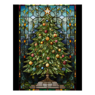Póster Vidrio manchado de árbol de Navidad