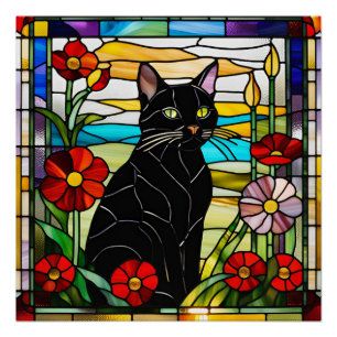 Póster Vidrio manchado de gato negro