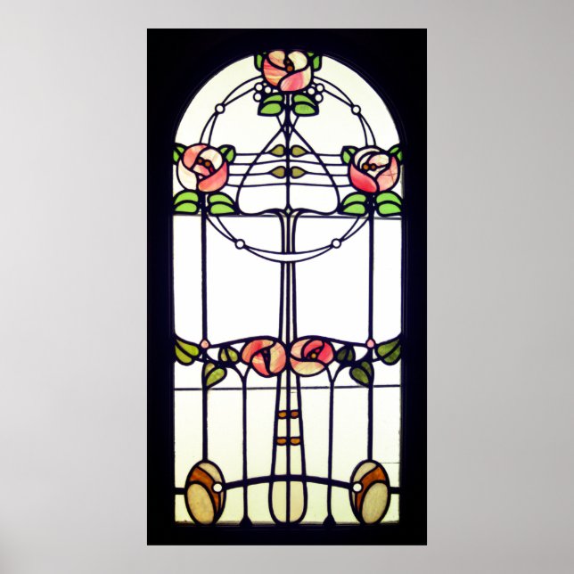 Póster Vidrio templado Art Nouveau ventana floral (Frente)