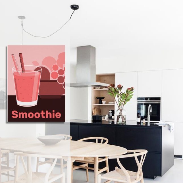 Póster Vidrio y frutas color rosa suave (Cute Pink Smoothie Glass & Fruits Poster, Kitchen Wall Decor)