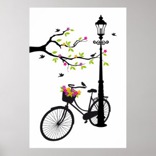 Póster Vieja bicicleta con lámpara, cesta de flores, pája