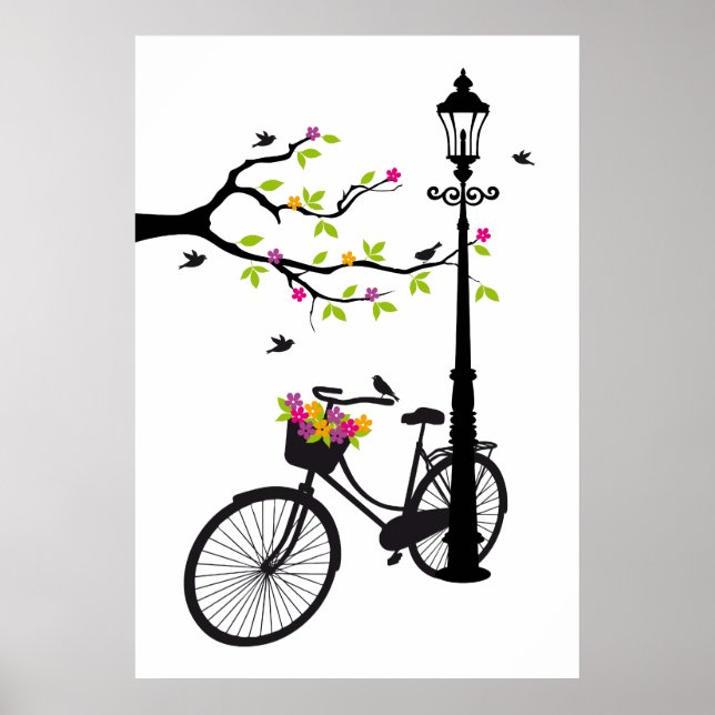 Póster Vieja bicicleta con lámpara, cesta de flores, pája (Frente)