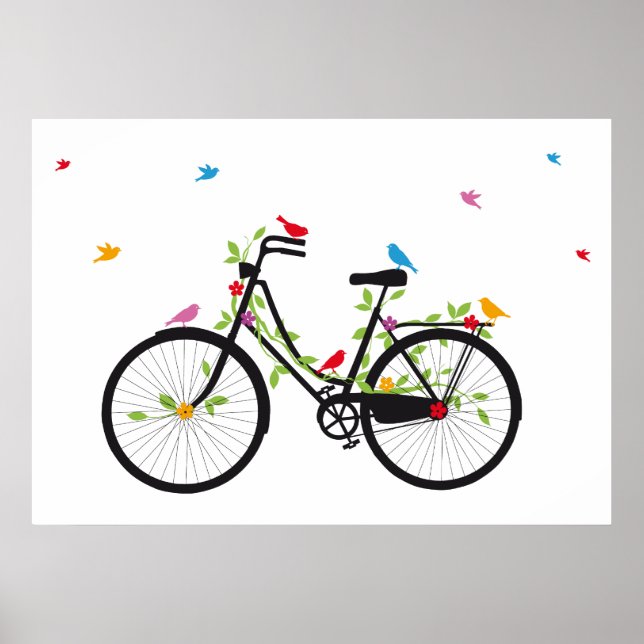Póster Vieja bicicleta de época con flores y pájaros (Frente)