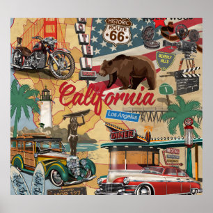 Póster Vieja California: mapa de atracciones turísticas.