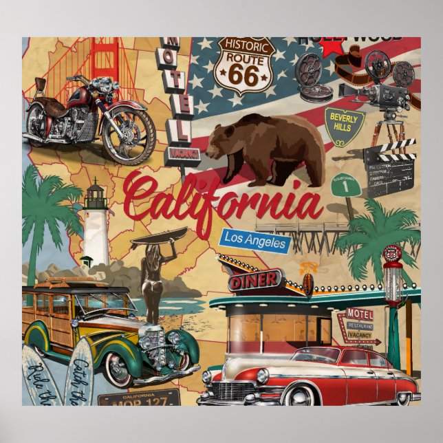 Póster Vieja California: mapa de atracciones turísticas. (Frente)