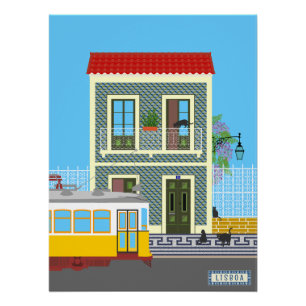 Póster Vieja casa de Lisboa con gatos y tranvía amarillo
