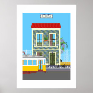 Póster Vieja casa de Lisboa con gatos y tranvía amarillo
