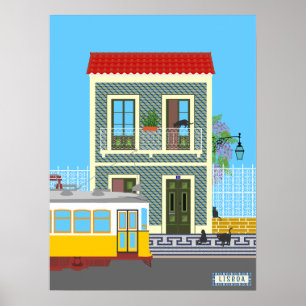 Póster Vieja casa de Lisboa con gatos y tranvía amarillo