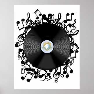 Póster Vieja grabación de vinilo y notas musicales
