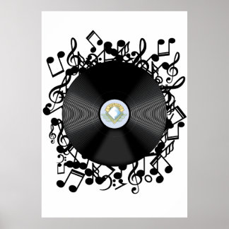 Póster Vieja grabación de vinilo y notas musicales